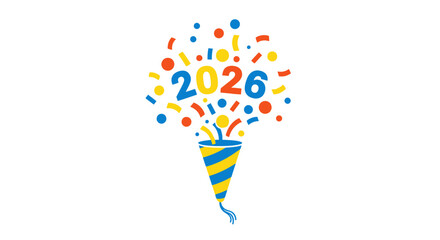 Happy new year 2026 celebration with confetti exploding from party popper isolated on