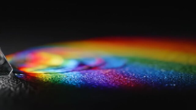 Extreme close-up slow motion of a glass triangular prism creating dazzling, vivid spectrum light refractions moving across a dark surface light, refractions, slow motion