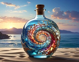 Glass bottle with colorful spiral design, sea background