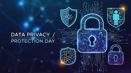 Data privacy protection day with digital locks and shields on a blue background with glowing lights