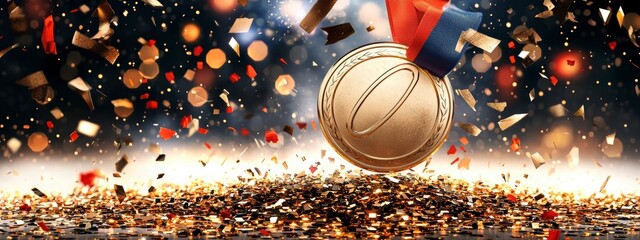 Celebrating victory medal ceremony sports arena award event festive atmosphere close-up view achievement recognition