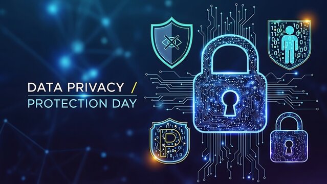 Data privacy protection day with digital locks and shields on a blue background with glowing lights