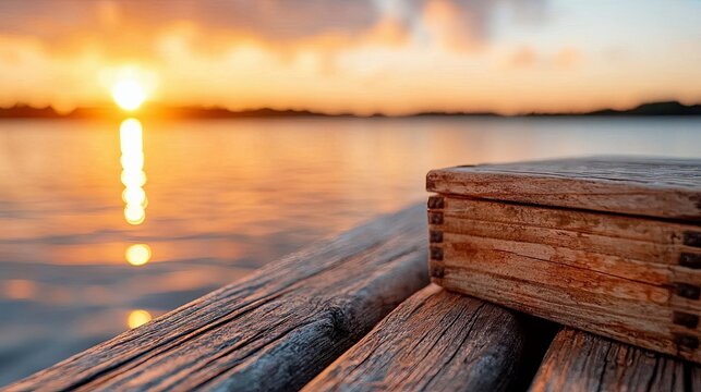 A wooden box sits on a wooden dock overlooking a calm lake at sunset. The sky is filled with golden light. - Powered by Adobe
