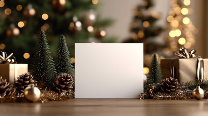 Festive Christmas display on a wooden surface featuring mini trees, pine cones, golden ornaments, presents and a blank white card. The scene evokes holiday cheer and warmth.