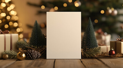 A blank card amidst festive Christmas decor, perfect for holiday greetings or announcements. The warm lighting and rustic wood create a cozy, inviting atmosphere.