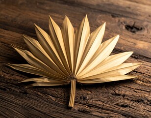 Golden, dried palm leaf resting on a rustic, weathered wooden surface