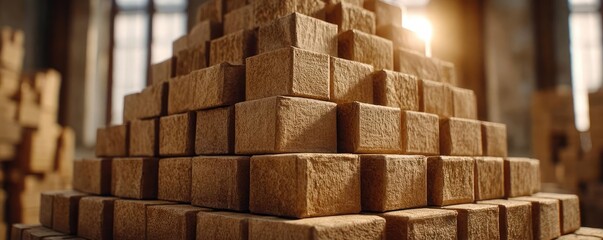 Falling stack of cardboard boxes concept. Stacked wooden blocks forming a pyramid structure in warm light.