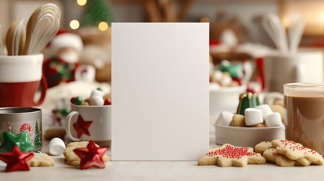 Festive scene with blank card, cookies, and cocoa. A heartwarming holiday image. Perfect for seasonal promotions or messages. A cozy and inviting background.