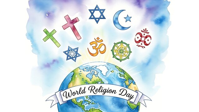 Illustration of world religion day with earth and religious symbols in watercolor style design