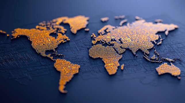 A detailed, illuminated world map rendered on a dark surface, symbolizing global connectivity and data visualization. - Powered by Adobe