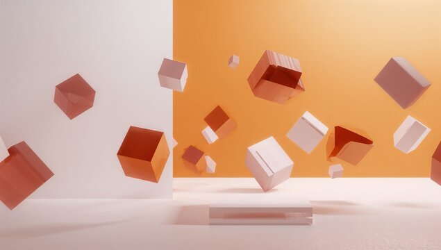 Abstract composition of floating cubes in orange and white against an orange background with copy space - Powered by Adobe