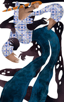 A woman in patterned clothing, surrounded by dark figures and shadows