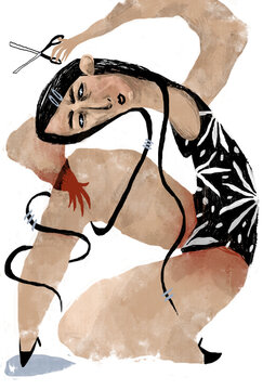 A woman with scissors and long hair sits in a tense posture