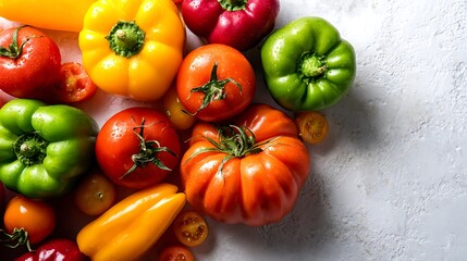 Colorful assortment of fresh tomatoes and bell peppers, perfect for culinary creations and healthy eating.