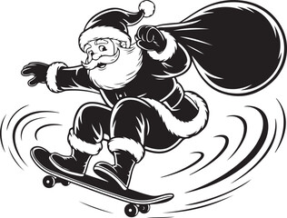 Santa Claus in silhouette performing a skateboard trick with a gift bag