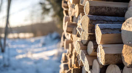 A neatly stacked pile of firewood, ready for winter. The wood is covered with a light dusting of snow. In the background, a snow-covered field can be seen with trees