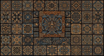 Intricate Mosaic Pattern Featuring a Central Griffin Motif with Decorative Geometric Borders