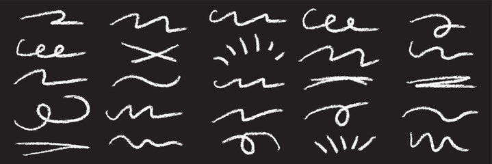 Hand drawn marker strokes set. Black paint brush lines, underlines and squiggles. White line and Black Background. EPS 10.