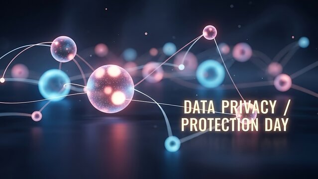 Abstract data privacy protection day illustration with connected glowing spheres and text art