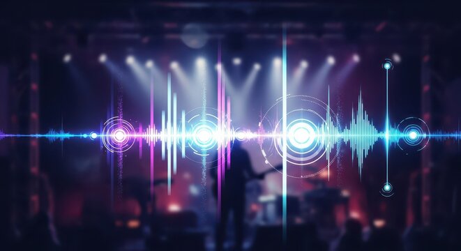 Glowing digital sound wave visualization overlays a blurred live music performance on stage