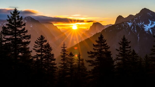 Golden hour radiance behind majestic mountain peaks, vibrant sky, and serene forest landscape