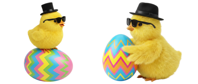 Set of two Easter chick wearing sunglasses with eggs isolated on white background. Suitable for marketing or business purposes. PNG file