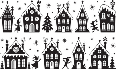 Fototapeta premium Silhouette illustration of winter holiday scene with houses elves and christmas tree elements in black and white