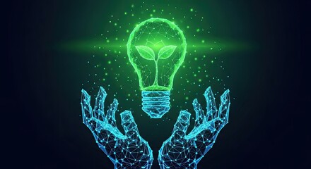 Digital hands supporting glowing green eco lightbulb with plant inside, sustainable