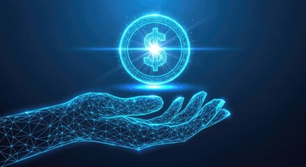 Digital hand presenting a glowing dollar coin, futuristic finance concept