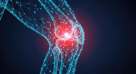 Digital wireframe human knee joint showing painful red inflammation or injury