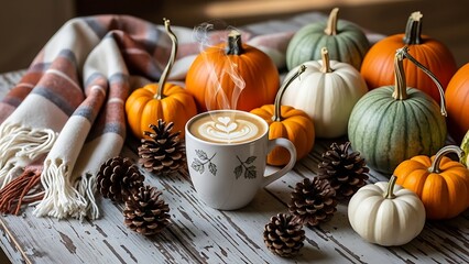 Autumn Pumpkin Still Life With Cozy Mug.