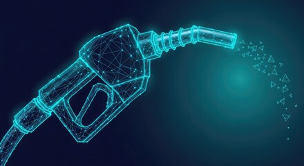 Future energy tech glowing digital gas pump nozzle with data stream flow