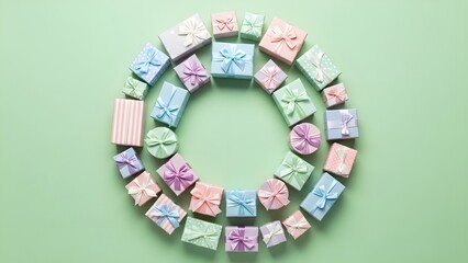 Naklejka premium Oval arrangement of small pastel gift boxes on a light green background