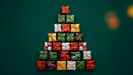 Christmas tree made of colorful wrapped gifts on green background