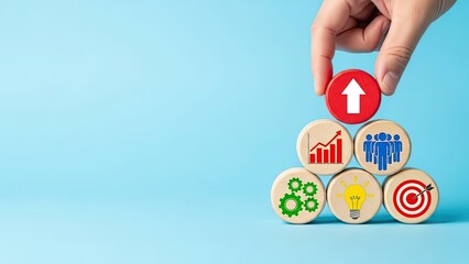 Hand completes growth pyramid, showing business success, strategy, goals.