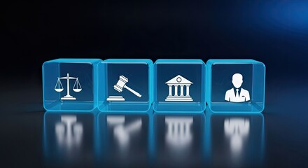 Legal system concept with glowing icons representing justice and law profession.