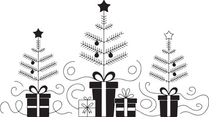 Three christmas trees emerging from gift boxes silhouette