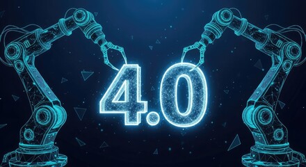 Industrial robotic arms holding 4.0 concept, representing automation future