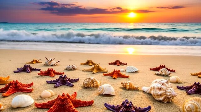 Idyllic sunset beach scene with seashells and starfish scattered on warm sand, evoking serenity