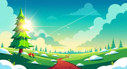 A vibrant cartoon landscape featuring a sunny sky, trees, and a winding path.