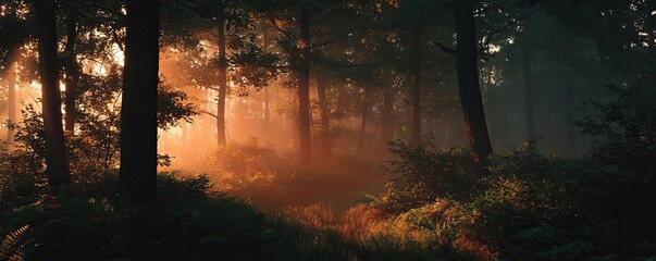 Obraz premium A deep forest with ghostly forms at dusk concept. A tranquil forest scene bathed in warm, golden sunlight.