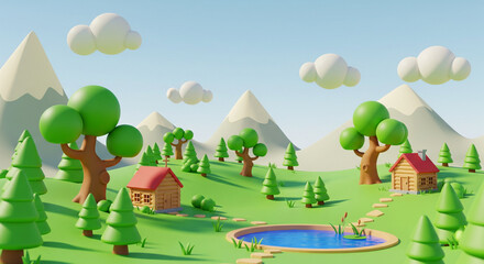 Cartoon landscape with houses, trees, mountains, pond, and clouds in a stylized, low-poly rendering.
