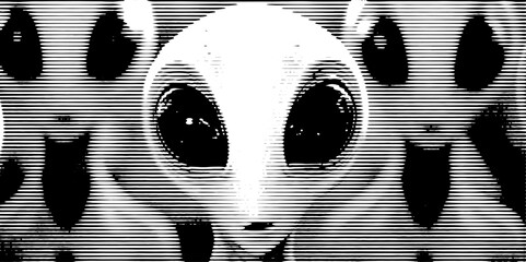 Alien heads vector clipart, extraterrestrial faces, sci-fi illustration, black and white xerography style, isolated transparent background