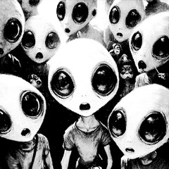 Creepy alien crowd illustration, black and white surreal extraterrestrial faces, horror sci-fi art, high contrast, eerie group portrait
