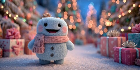 3D animation of a cheerful snowman surrounded by festive Christmas decorations, glowing lights, and a joyful holiday atmosphere