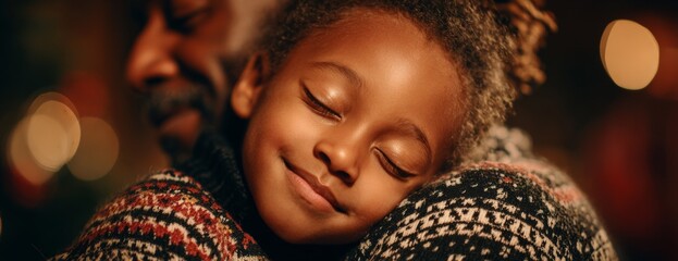 Loving black father embracing his smiling child during New Year celebration  