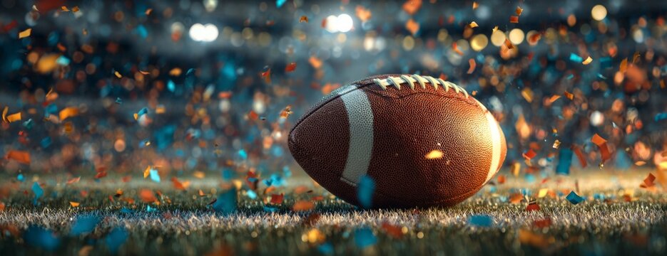 American football on field with confetti at sports stadium  