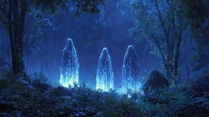 A deep forest with ghostly forms at dusk concept. Mysterious ethereal figures glowing in a magical forest at night.