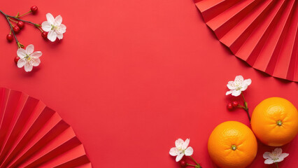 Chinese New Year Flat Lay with Oranges and Cherry Blossoms.