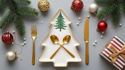 Christmas Tree Shaped Cookie on Festive Table.
